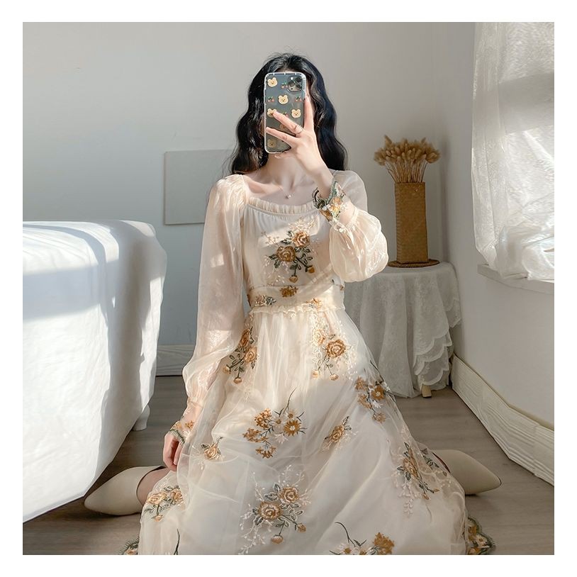 (Sẵn S) M16 - Đầm tiểu thư Ulzzang nhúng bèo thêu hoa phong cách cổ điển vintage có Bigsize