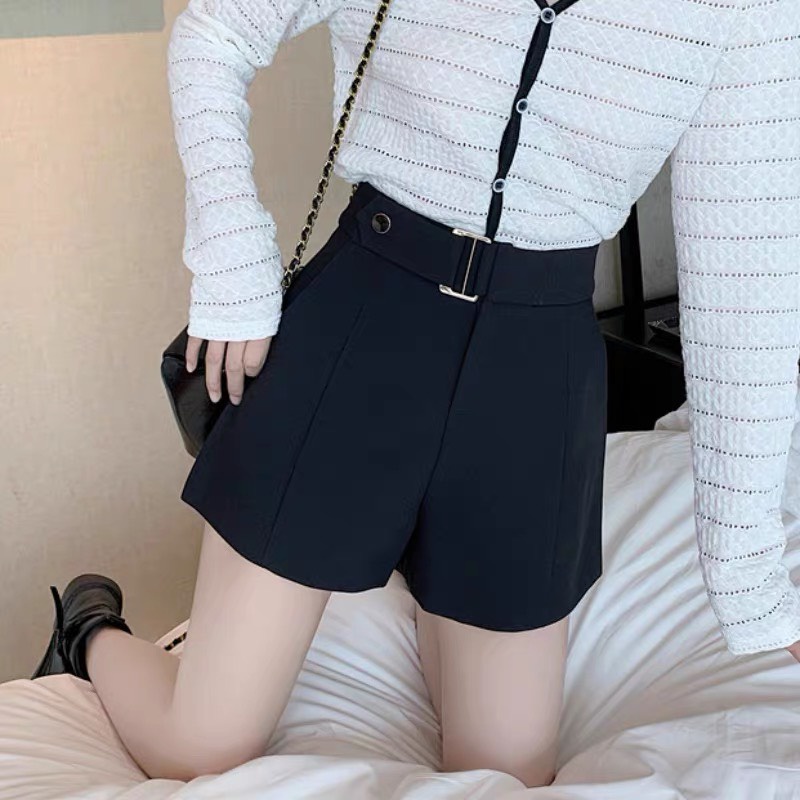 Quần sooc nữ lưng cao có đai ngay eo, quần đùi ống rộng phong cách Hàn Quốc Okella