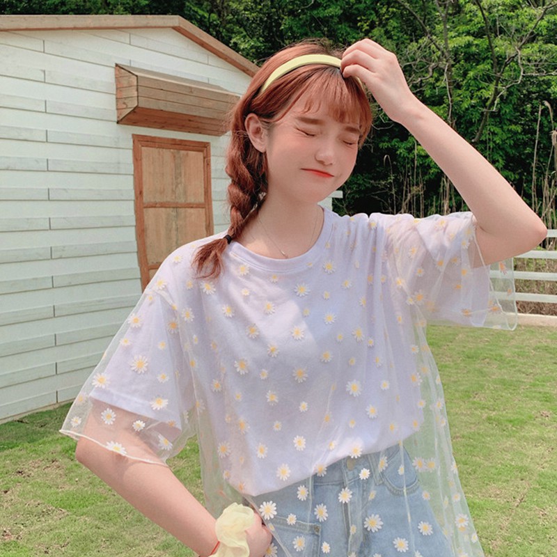 Summer Women Short Sleeve O-Neck Printed Mesh Tee Tops T Shirt Loose Daisy Tops | BigBuy360 - bigbuy360.vn