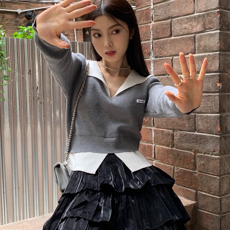 Áo Len Tay Dài Dáng Ngắn Ôm Sát Màu Tương Phản Thời Trang Hàn Quốc Dành Cho Bạn Nữ