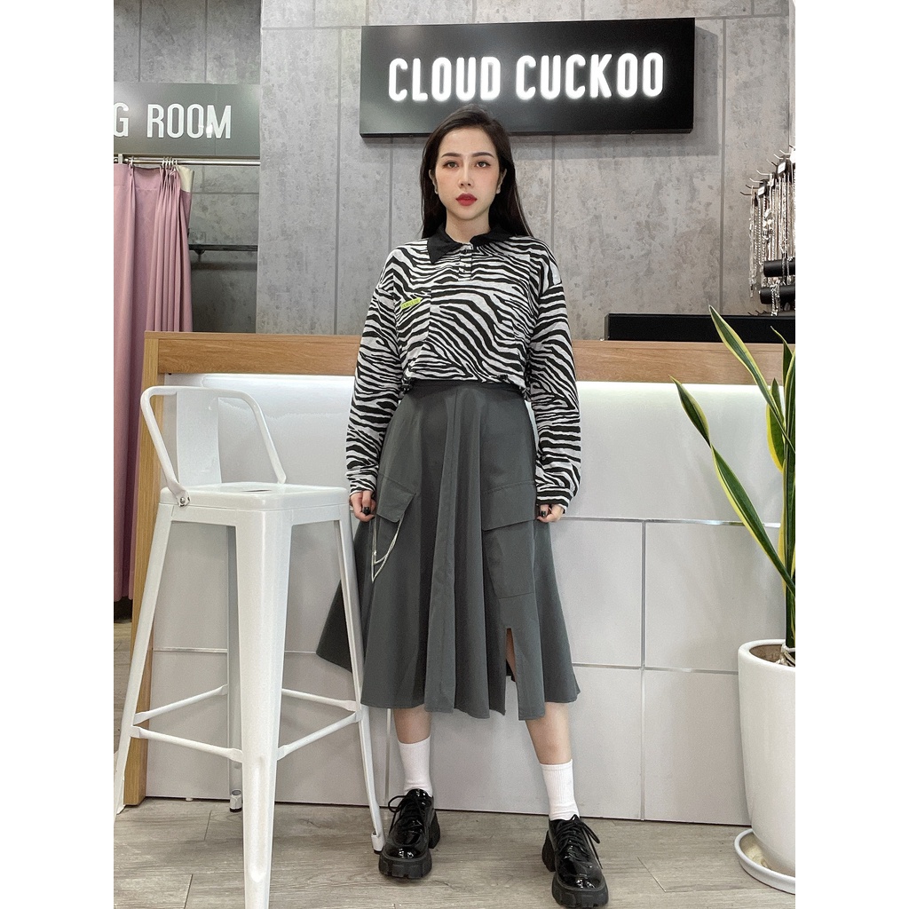 Áo CropTop Dài Tay Cổ Bẻ Họa Tiết Ngựa Vằn - Mã Số: CR11101