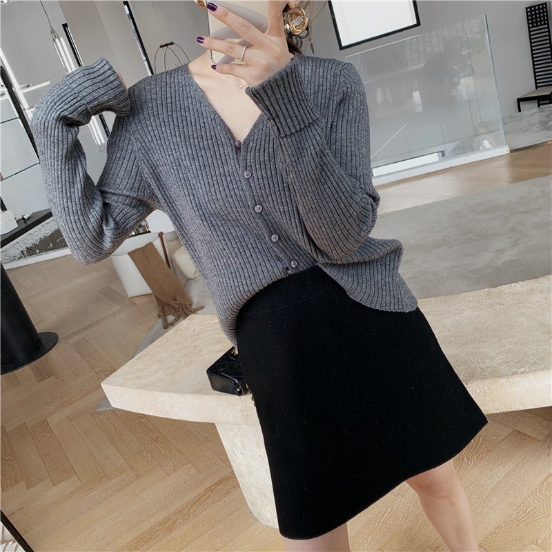 【Hana and Alice】Áo Cardigan Dệt Kim Tay Dài Cổ Chữ V Dáng Ôm Đơn Giản Trẻ Trung
