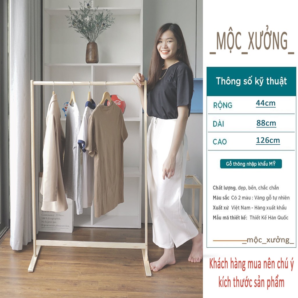Giá Treo Quần Áo Gỗ Thanh Đơn - Kệ Treo Quần Áo Gỗ - Decor Nhà Cửa Kiểu Hàn, Chắc Chắn Bền Đẹp - KT ( C*D*R=126*88*44 )