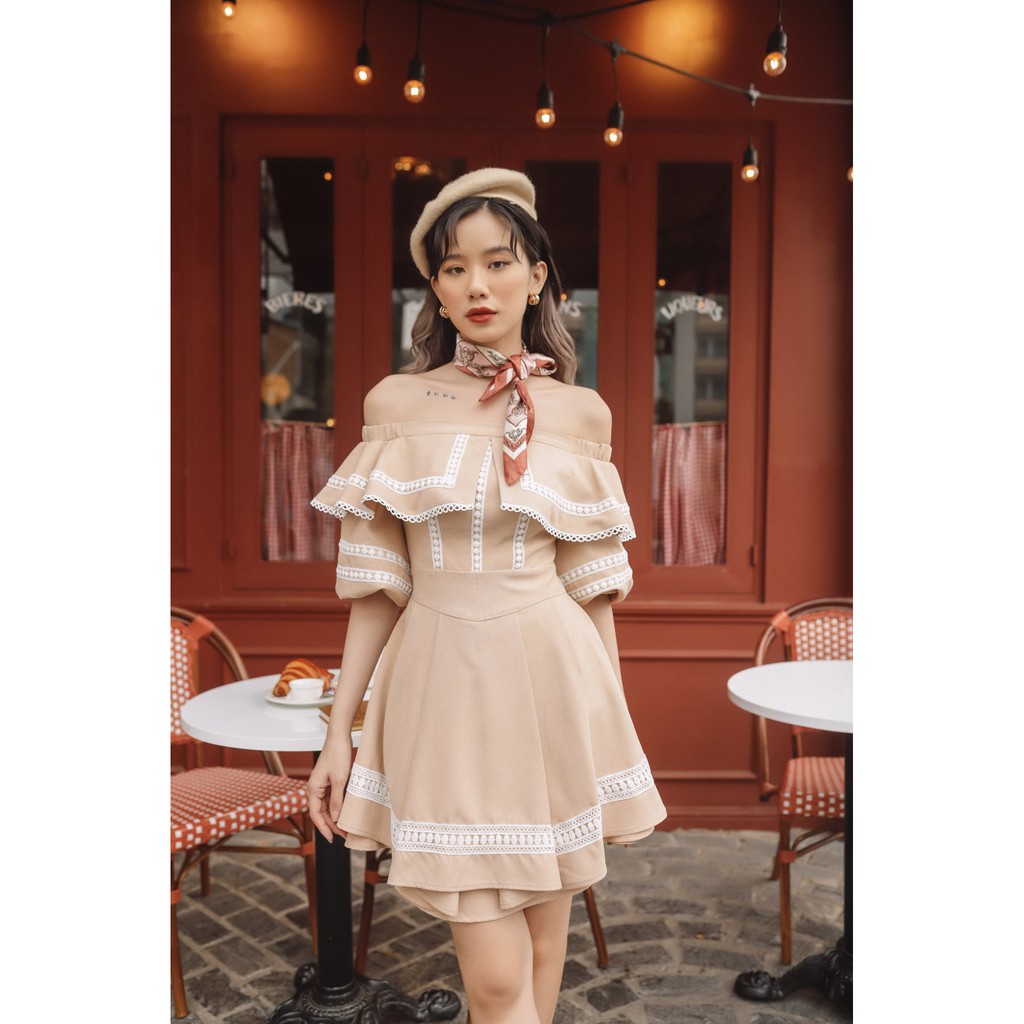 [Mã SKAMSALEP6 giảm 10% tối đa 100K đơn 150K] SÒ VINTAGE - TELLY Đầm tay phồng bẹt vai hai tầng phối ren