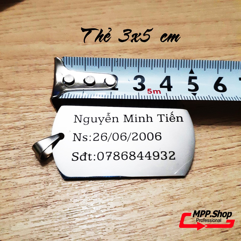 (Tặng Dây) Mặt dây chuyền hình thẻ bài khắc tên theo yêu cầu - tặng dây bi 3.2 mm