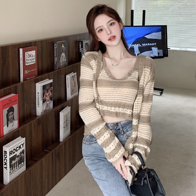 Set Áo Khoác cardigan Họa Tiết Kẻ Sọc Màu Tương Phản Và Áo Cộc Tay Thời Trang Hàn Quốc