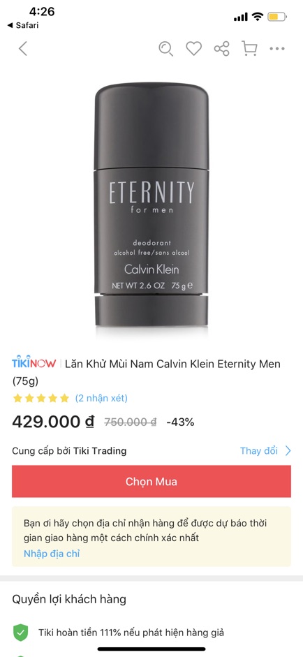 Lăn khử mùi nam Eternity For Men Calvin Klein Của Mỹ. GIÁ SALE CHỈ CÒN 280k