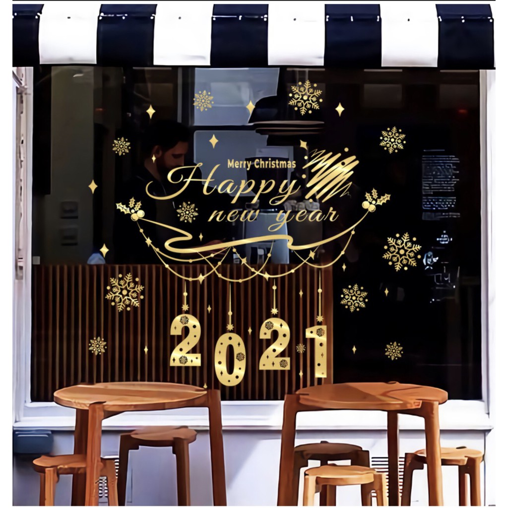 Decal dán tường Noel - Rèm dây chữ 2021 cao cấp ánh vàng