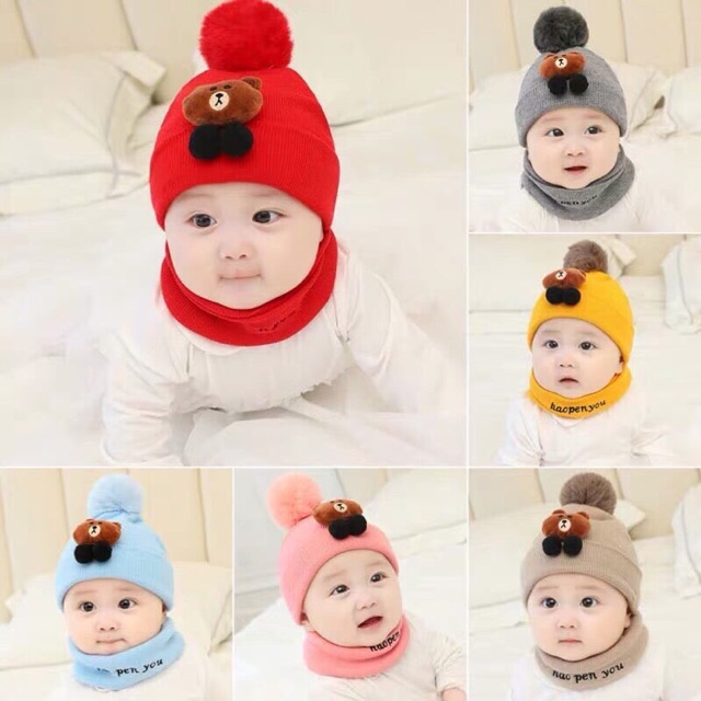 Set Nón len lọ gấu nâu kèm khăn ống siêu cute cho bé 3m-2t.4màu như ảnh