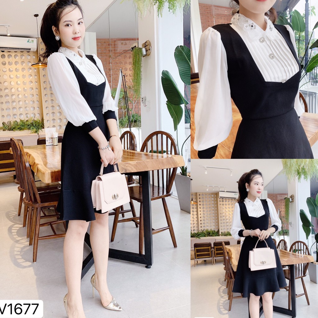 Váy đen xòe tay phối trắng V1677  - QUEEN SHOP DOLCE VIVA COLLECTION (ảnh người mẫu và ảnh trải sàn do shop tự chụp)