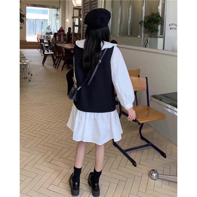 Set Váy Sơ Mi Cổ Bèo Kèm Áo Gile Thắt Nơ Phong Cách Ulzzang Cực Xinh -Changtore