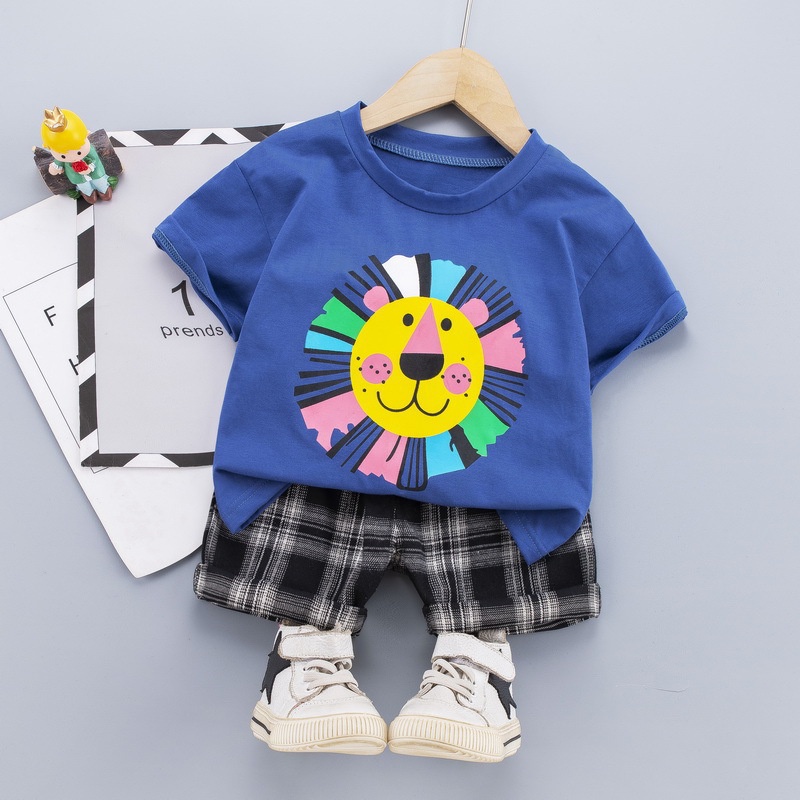 Set Áo Thun Bé Trai Áo Phông Bé Trai Áo Thun Cotton Trẻ Em Hình Sư Tử Quần Caro Cho Bé Trai Size Từ 1 - 4 Tuổi-S1150