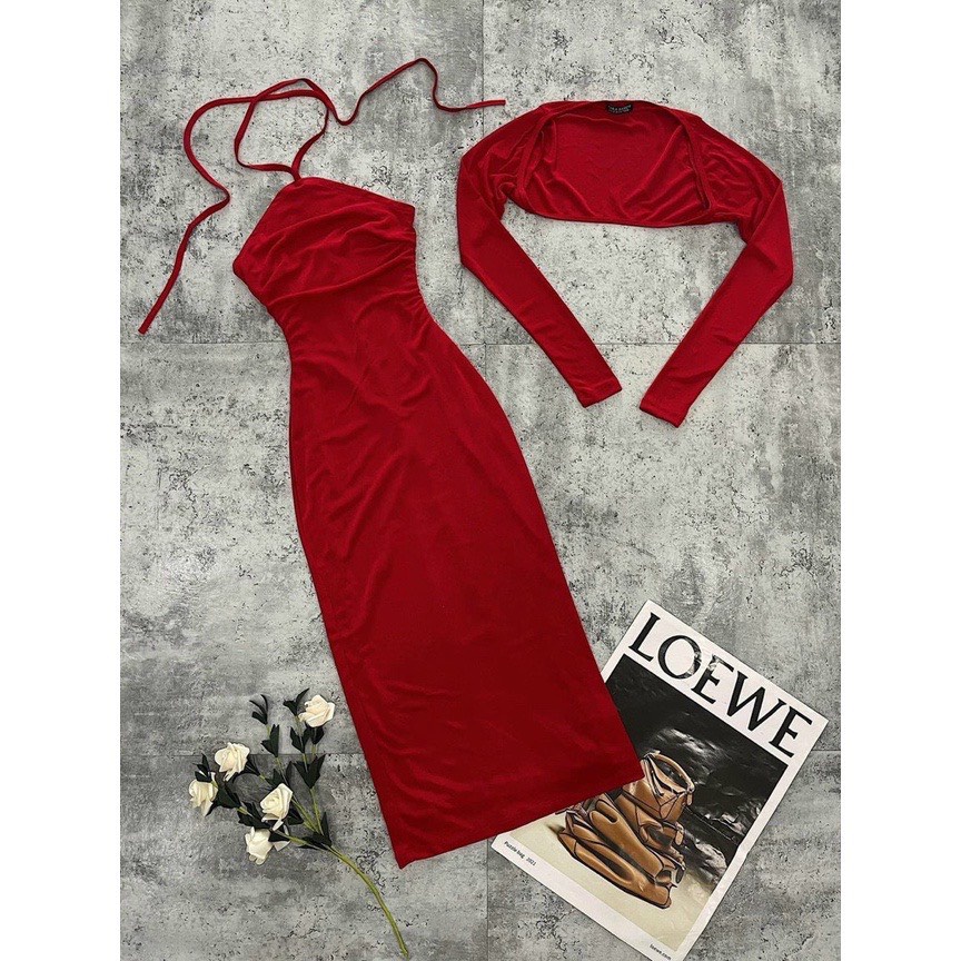 Đầm body midi dài gân kèm áo khoác ngắn chất gân hot