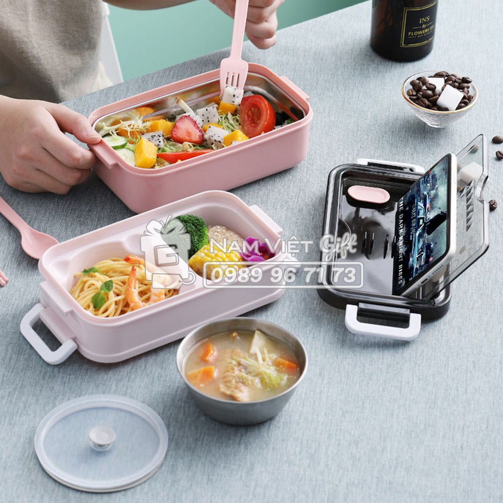 Hộp Cơm 2 Tầng INOX 304 Gọn Nhẹ - Có Chén Soup - Tặng Kèm Muỗng Đũa Nĩa