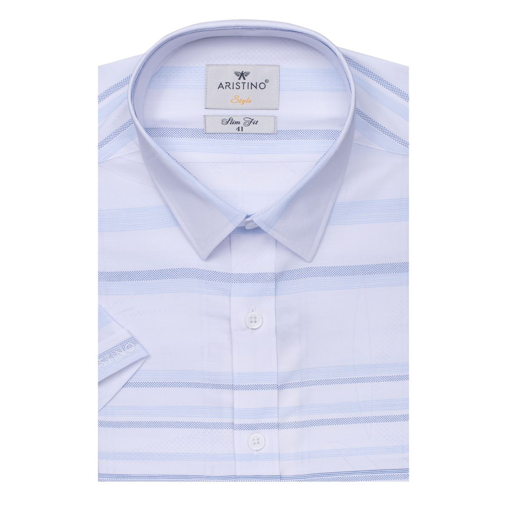 Áo Sơ Mi Nam Tay Ngắn Aristino ASS050S9 Màu Trắng Kẻ Ngang Chấm Xanh Dáng Slim Fit Tà Lượn Vải Sợi Sồi