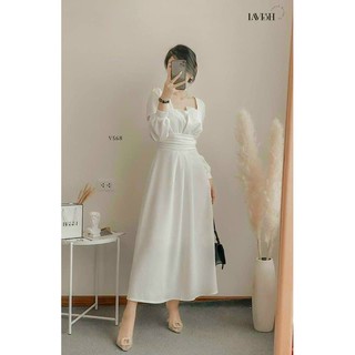 10035 đầm trắng cổ dập bo eo