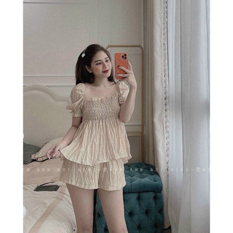 Đồ bộ nữ set bộ đũi nhăn xốp bo chun ngưc mặc nhà thời trang
