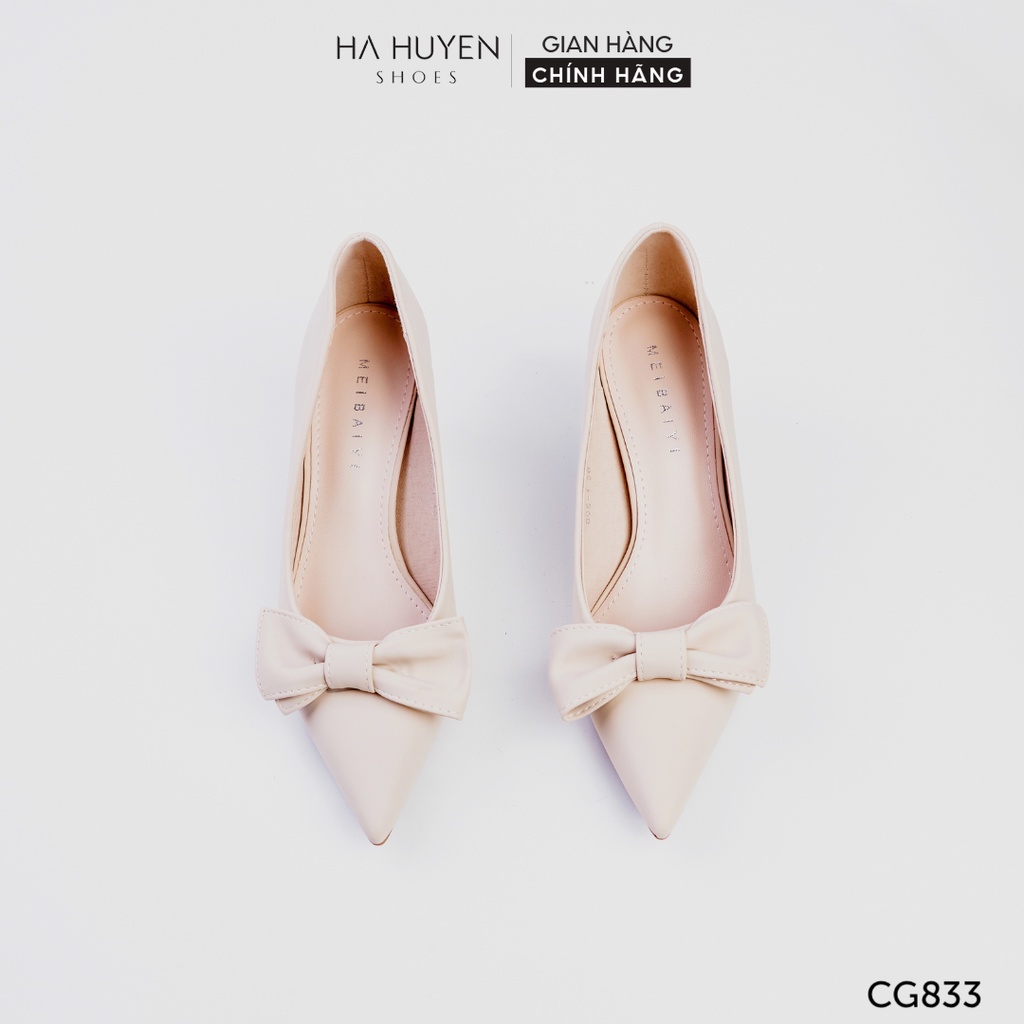 Giày cao gót nữ Hà Huyền Shoes mũi nhọn da lì thắt nơ xinh xắn gót nhọn 5 phân - CG833