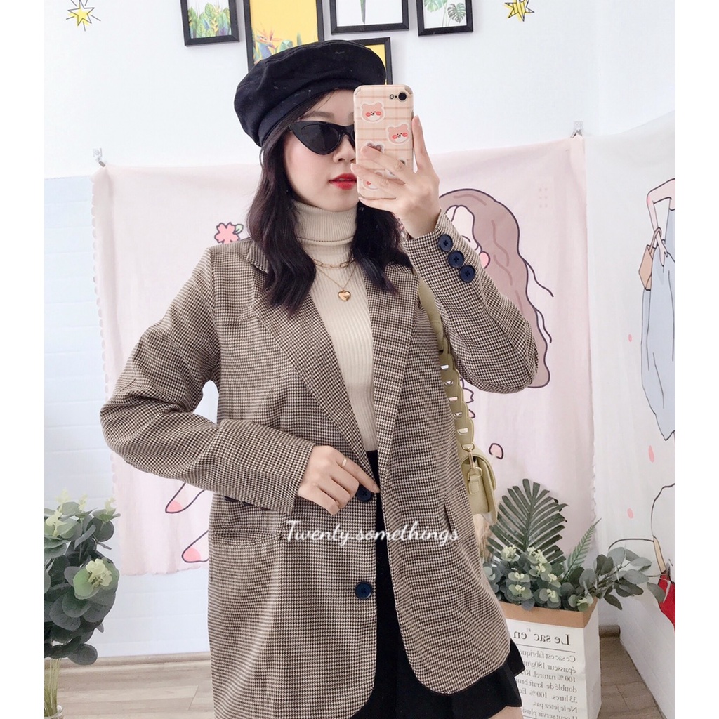 ÁO BLAZER KẺ CARO NÂU NHÍ 2 LỚP ( ảnh thật/ video/ sẵn)