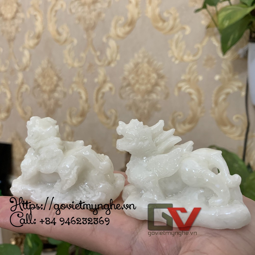 Cặp 2 tượng đá tỳ hưu trang trí phong thủy bàn làm việc - Chiều Cao 5.5cm - Trắng Đá Non Nước - Size Nhỏ