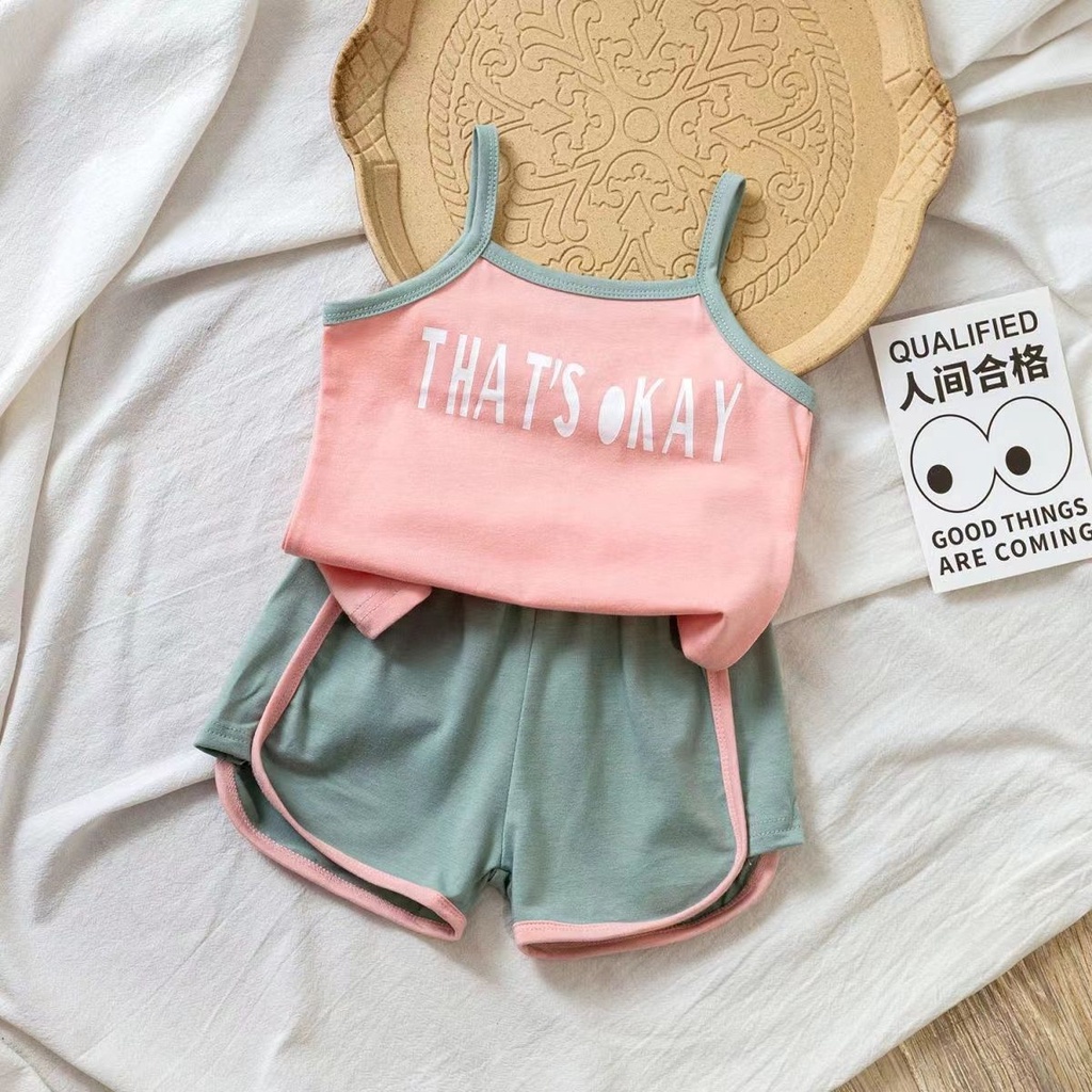 Set Áo Hai Dây In Chữ + Quần Short Thời Trang Hè Hàn Quốc Mới 2023 Cho Bé Gái