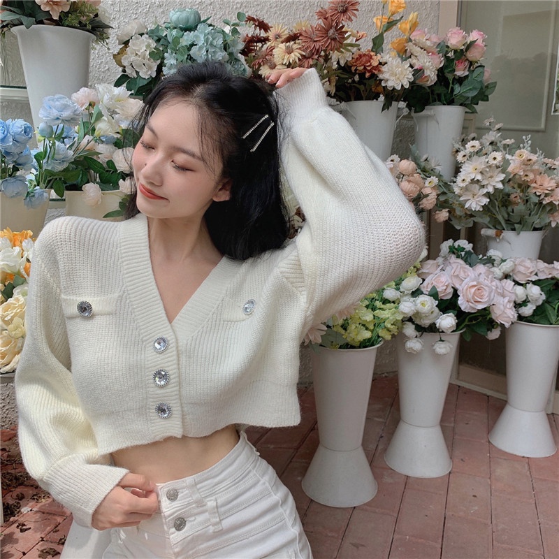 QKOOLE Áo cardigan dệt kim tay dài dáng ngắn phong cách Hàn Quốc thời trang cho nữ