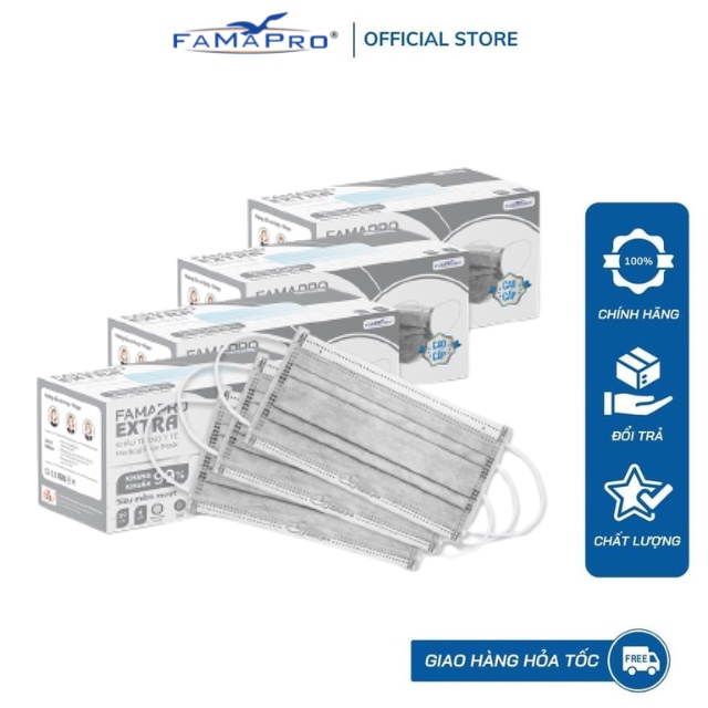 [Extra- COMBO 4- HỘP 50 CÁI] Khẩu trang y tế kháng khuẩn 4 lớp Famapro Extra (50 cái/ hộp)