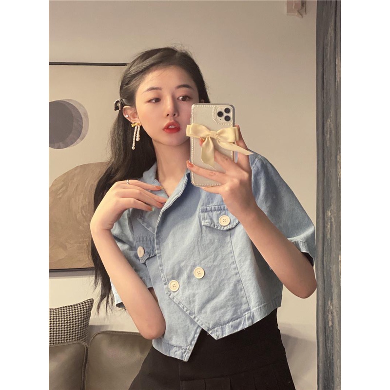 Áo Khoác Denim Tay Ngắn Dáng Rộng Phong Cách Hàn Quốc Thời Trang Mùa Hè Hàng Mới Dành Cho Bạn Nữ