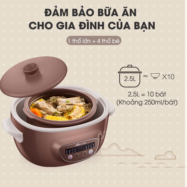 Nồi nấu chậm Bear thố đất Tử Sa 2.5L nấu cháo, hầm gà, chưng yến, HomeMart – Hàng chính hãng BH 18 tháng