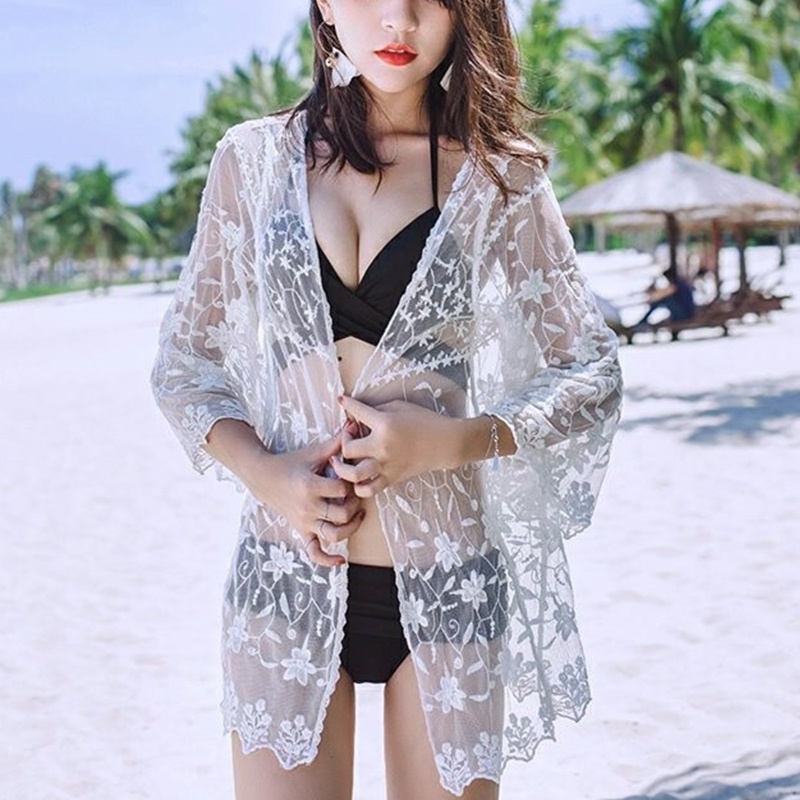 Áo Khoác Ngoài Bikini Tay 3 / 4 Chất Ren Mỏng Nhẹ Thêu Họa Tiết Hoa Thời Trang Quyến Rũ Cho Nữ