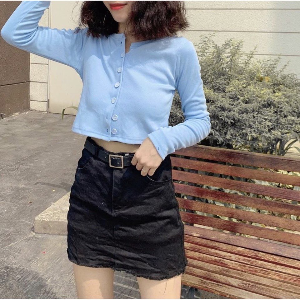 Áo Cardigan Dáng Lửng Dài Tay 🦋 Áo Croptop Thun Xước Cúc Ngực 4 Màu 🦋