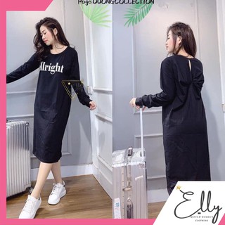 Váy suông dài dài tay in chữ xoắn lưng chất cotton