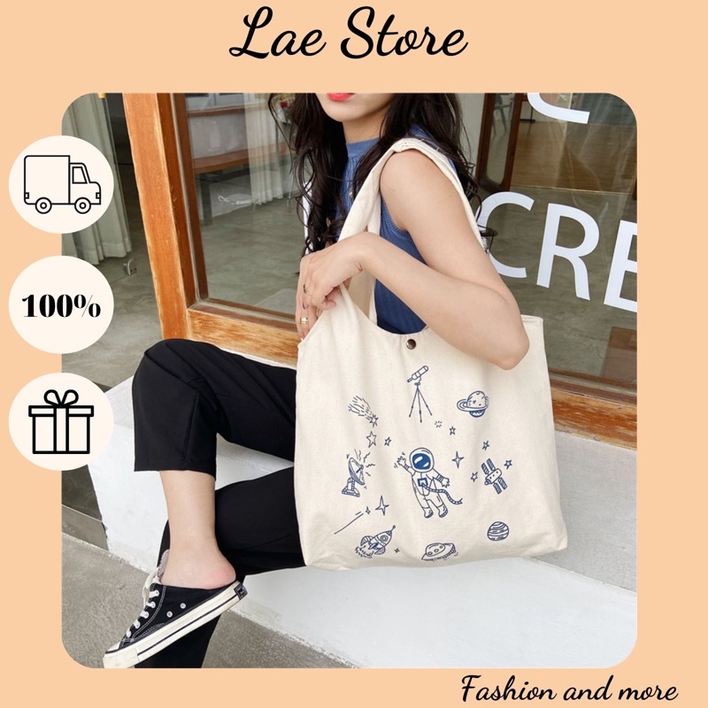 Túi vải tote canvas in hoạ tiết phi hành gia kiểu dáng năng động Hàn Quốc thời trang nữ Lae Store