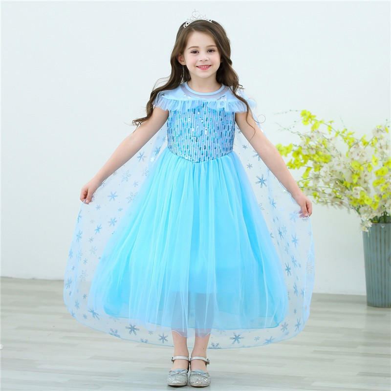 Váy Elsa màu xanh cao cấp kèm tà dài cho bé 3-8 tuổi