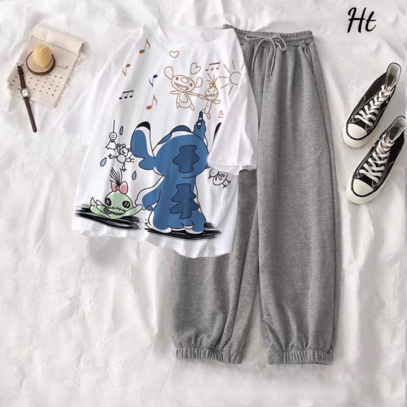 set áo thun tay lỡ stich xanh quần bom xám chun gấu HT01