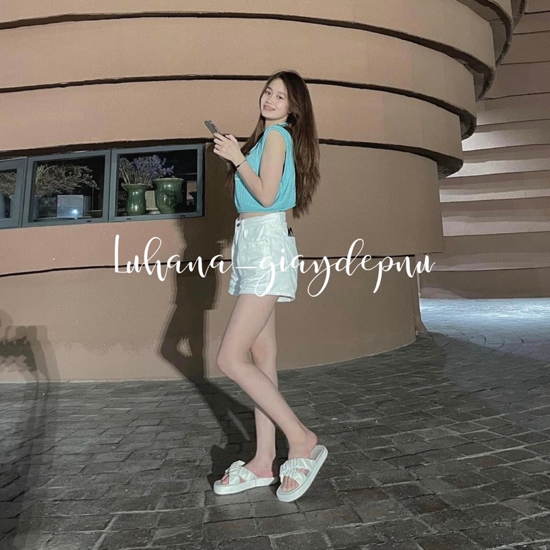 (Ảnh thật chủ shop) Dép bánh mì quai chéo nhún bèo Luhana phong cách ulzzang thời trang