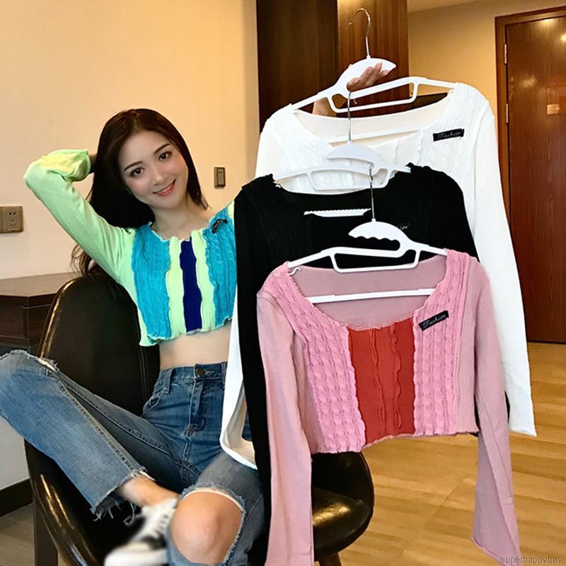 Áo Croptop Dệt Kim Tay Dài Cổ Tròn Thời Trang Mùa Thu Cho Phái Nữ