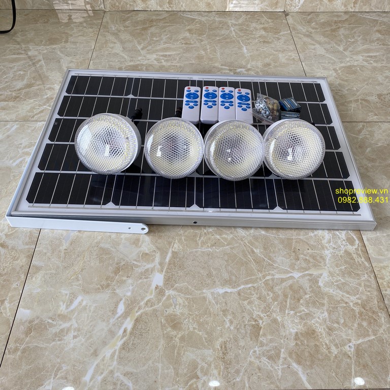Đèn led năng lượng mặt trời Bulb bao gồm 4 bóng tròn 200w và 1 tấm pin NLMT rời dây dài