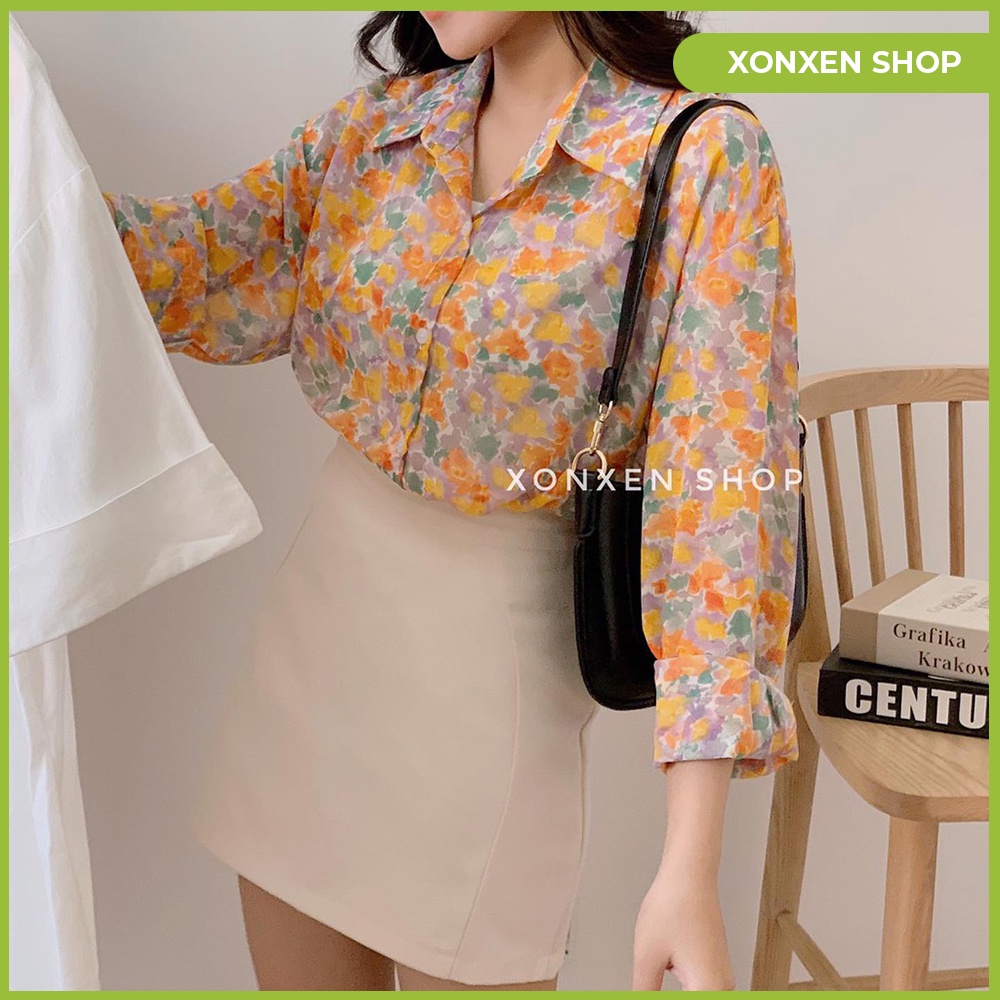Áo sơ mi nữ áo sơ mi voan hoa lai bầu chất vải mịn mát XONXEN SHOP QUẢNG NGÃI freesize mã 9070