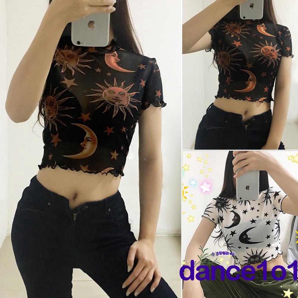 Áo croptop tay ngắn chất ren lưới xuyên thấu quyến rũ