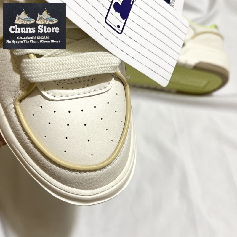 Giày MLB chunky Ofwhite x Mcqueen NY trắng kem vàng da nhăn cao cấp