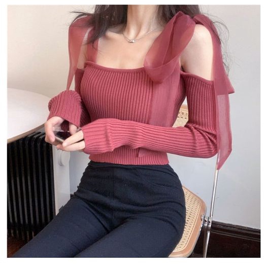 Áo len trễ vai dây buộc sexy dáng ôm thời trang hàn quốc