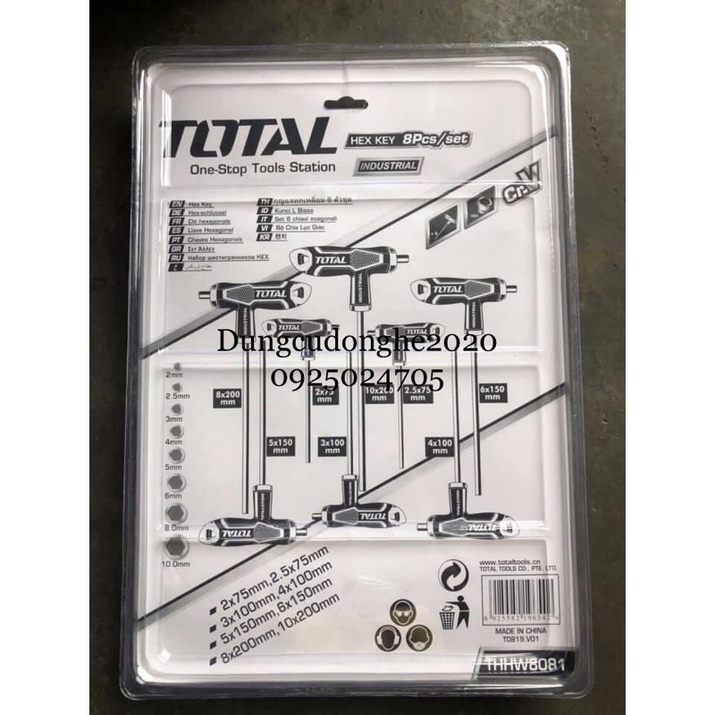 2-10mm Bộ lục giác chữ T đầu bằng 8 chi tiết Total THHW8081