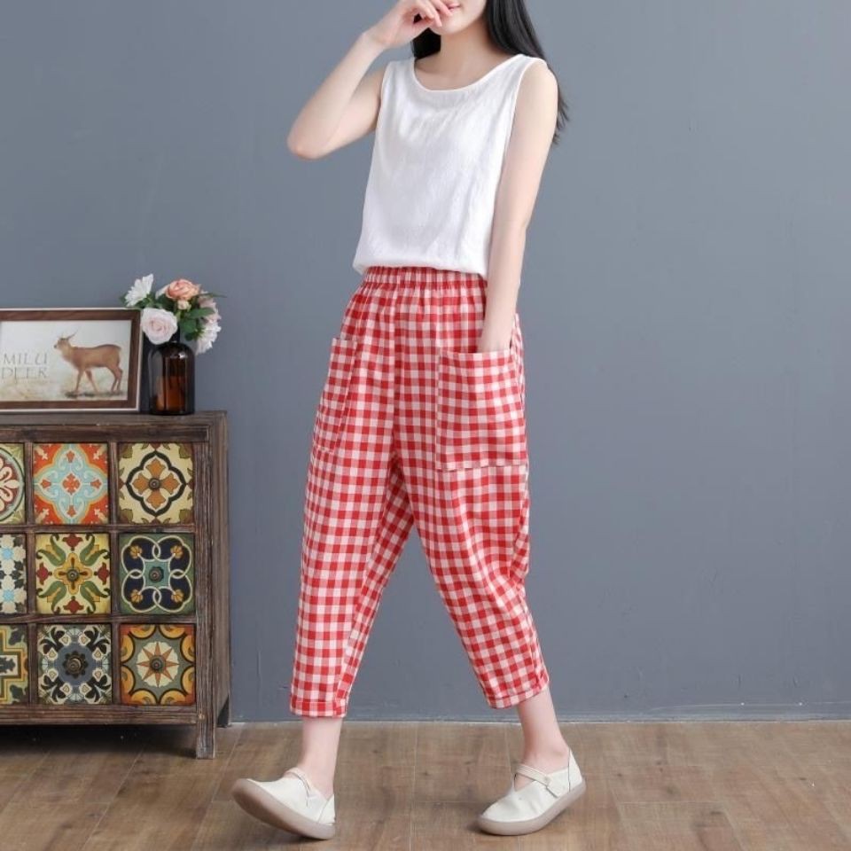 Cotton-containing plaid wide-leg pants women's summer thin nine-point pants loose and thin Korean version of the harem pants new large size casual pants