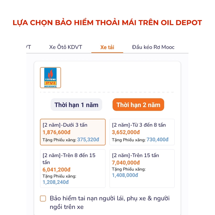 Bảo hiểm bắt buộc PVI Oil Depot - Xe tải - Từ 3 đến 8 tấn - 2 năm