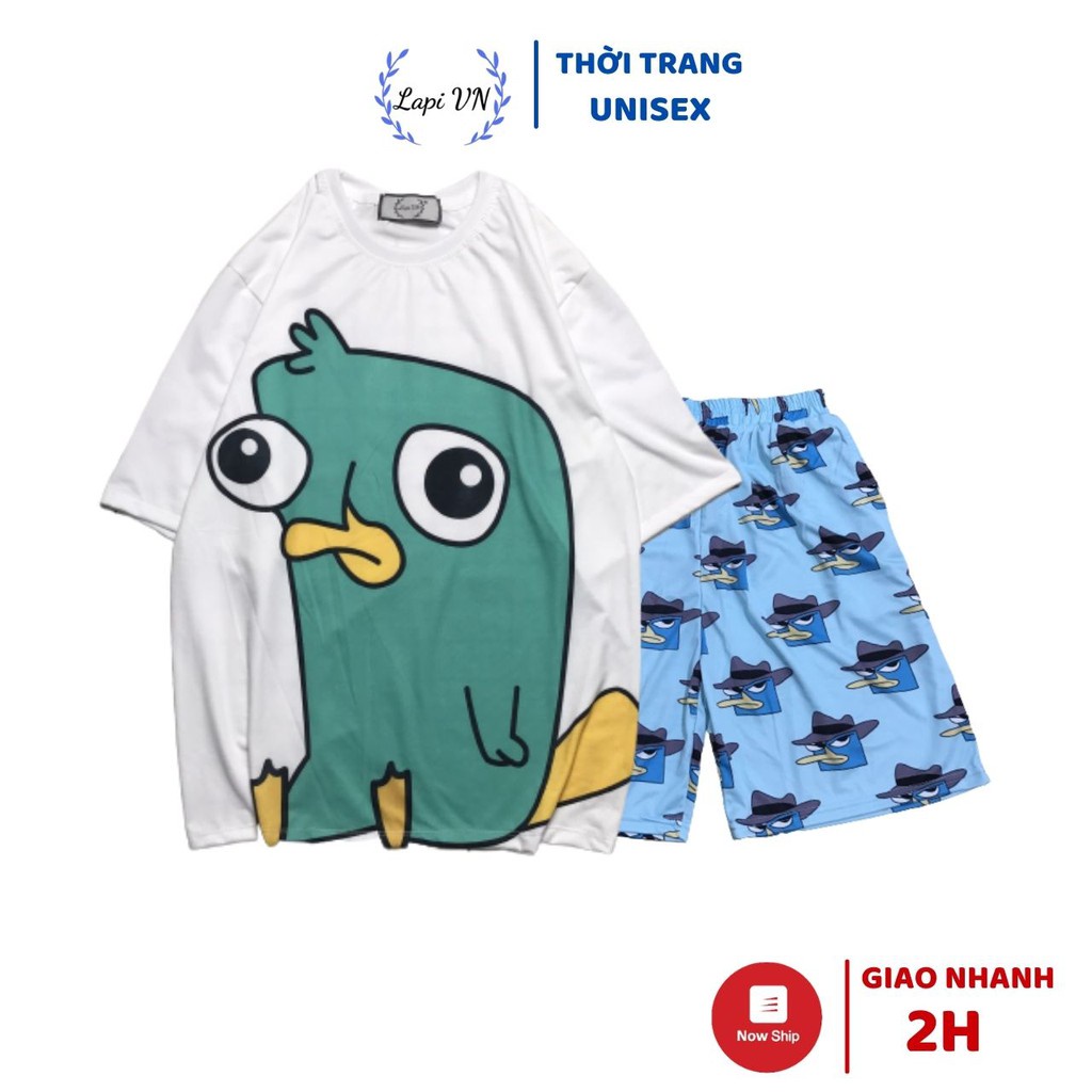 Set Đồ Bộ Vịt Perry cartoon 3D Cute DB63-Lapi VN Áo+ Quần Đùi, Freesize, Đồ Bộ Đẹp Nam Nữ Đều Mặc Được -