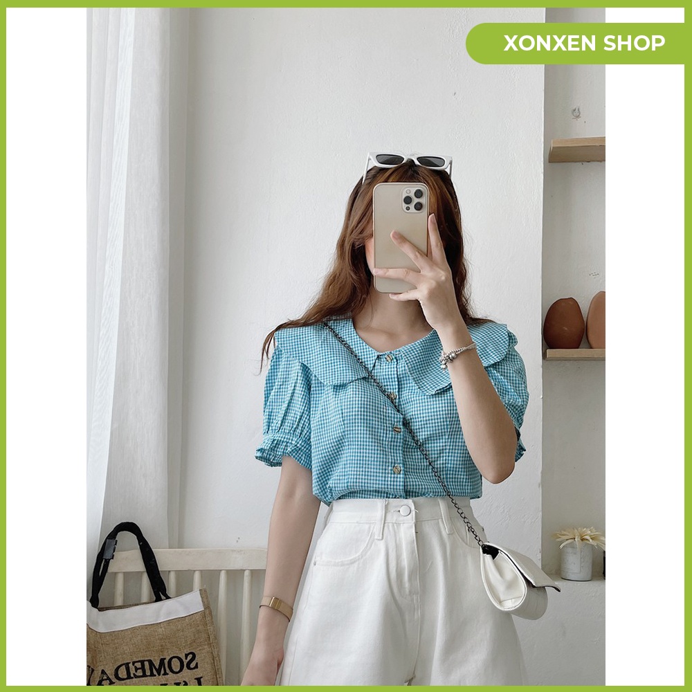 Áo kiểu caro cổ bèo lên form chuẩn chất vải mền mịn XONXEN SHOP QUẢNG NGÃI freesize mã 76 | BigBuy360 - bigbuy360.vn