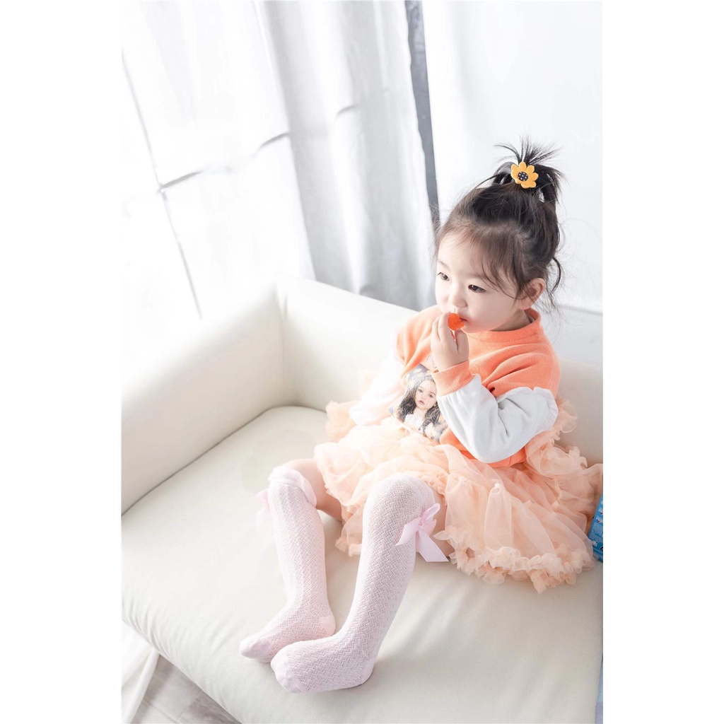 Đôi Tất Cotton Dài Đính Nơ Dễ Thương Cho Bé Gái