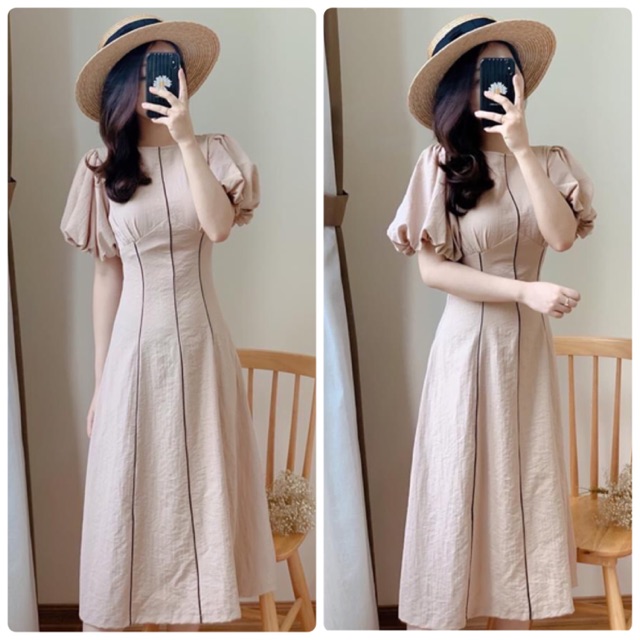 ĐẦM MIDI NUDE TAY PHỒNG (KÈM HÌNH THẬT)
