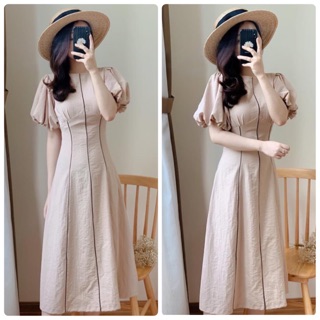 Đầm midi nude tay phồng
